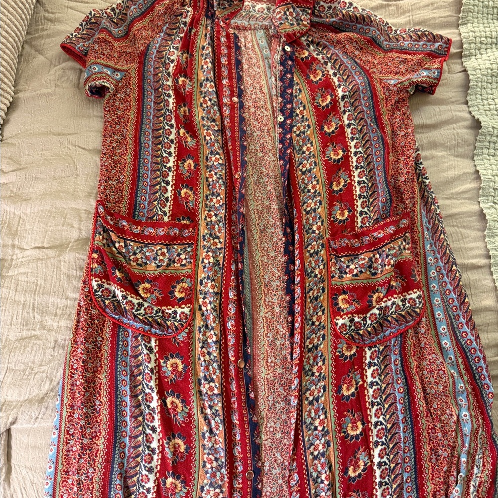 Bohemian Red Floral Kimono Duster